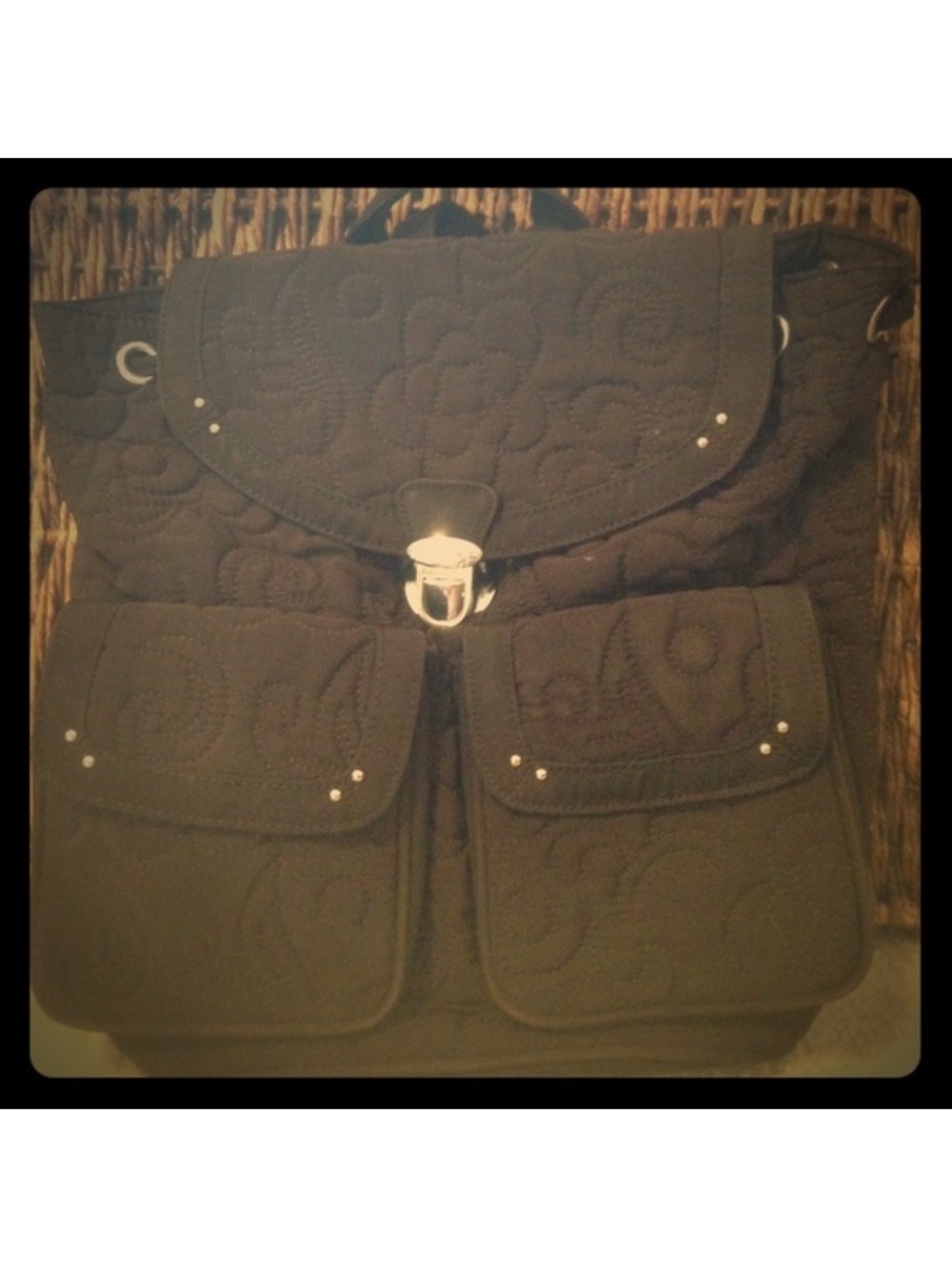 Quilted chocolate brown Women's Backpack Tote - Elegant Floral Stitch Detailing